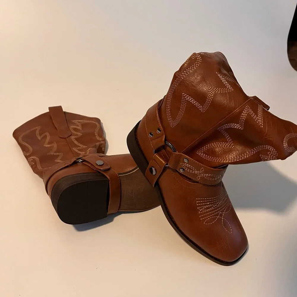 J's.o.l.e W Square Toe Cowgirl Boots Mid Calf w Fashion Buckle Strap